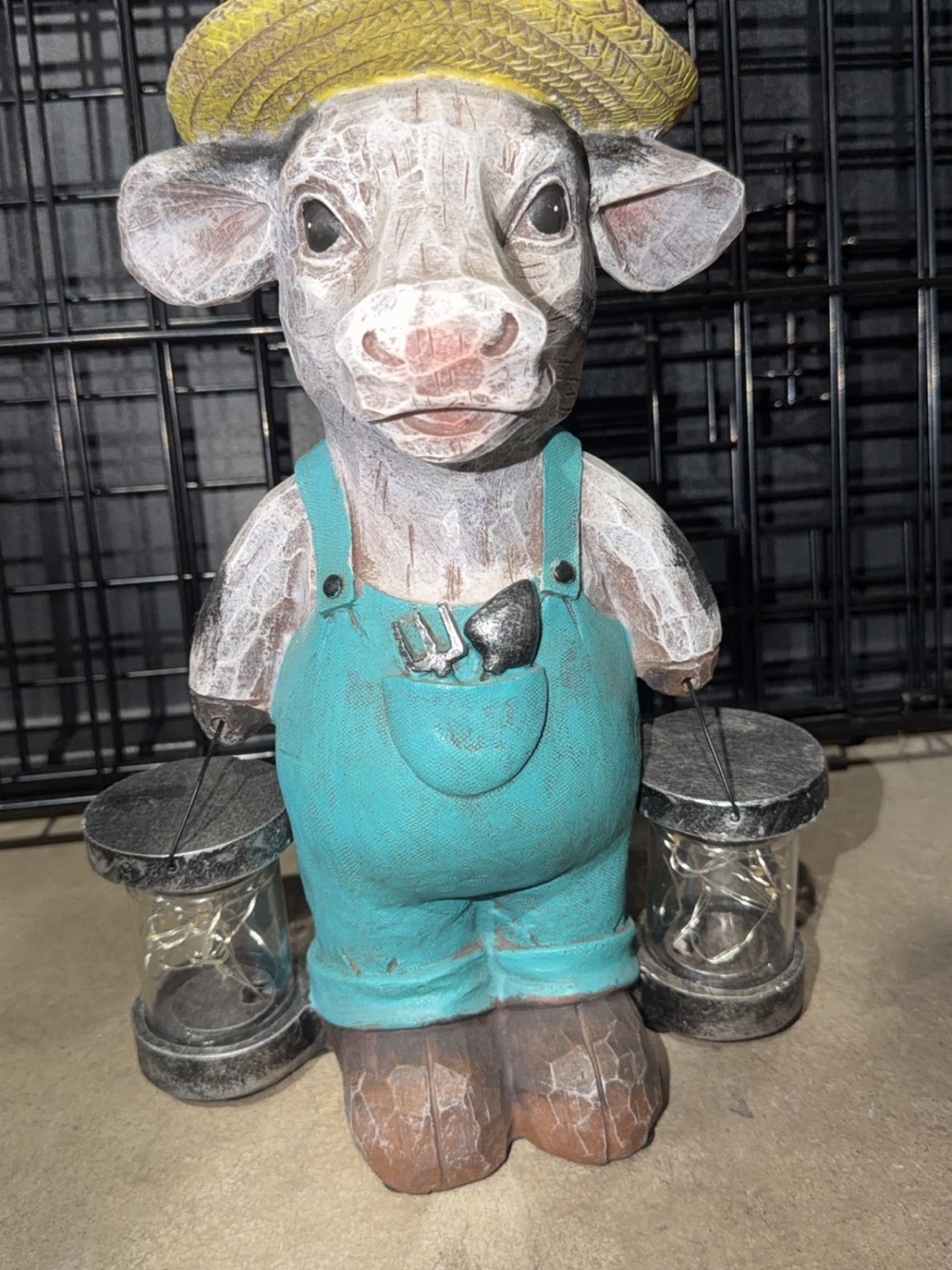Farmhouse Cow Figurine Statue with Lanterns - Turquoise Overalls